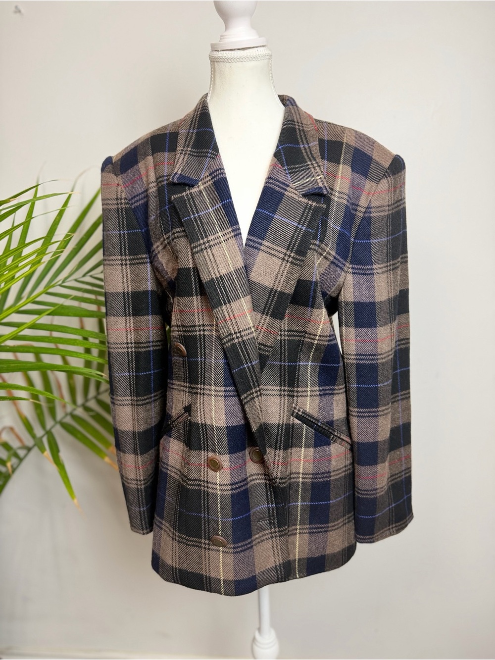 Debbie Shuchat Wool Plaid Double Breasted Blazer Made in Canada 12